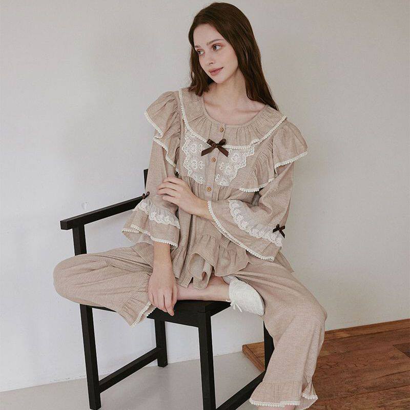 韩国进口lunaluz正品 天然透气纯棉蕾丝喇叭8分袖女睡衣/家居服套