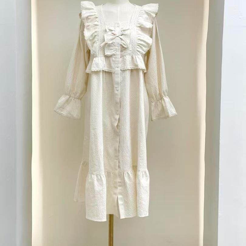 韩国进口lunaluz正品 春季宫廷风优雅宽松长袖女睡衣/睡裙家居服
