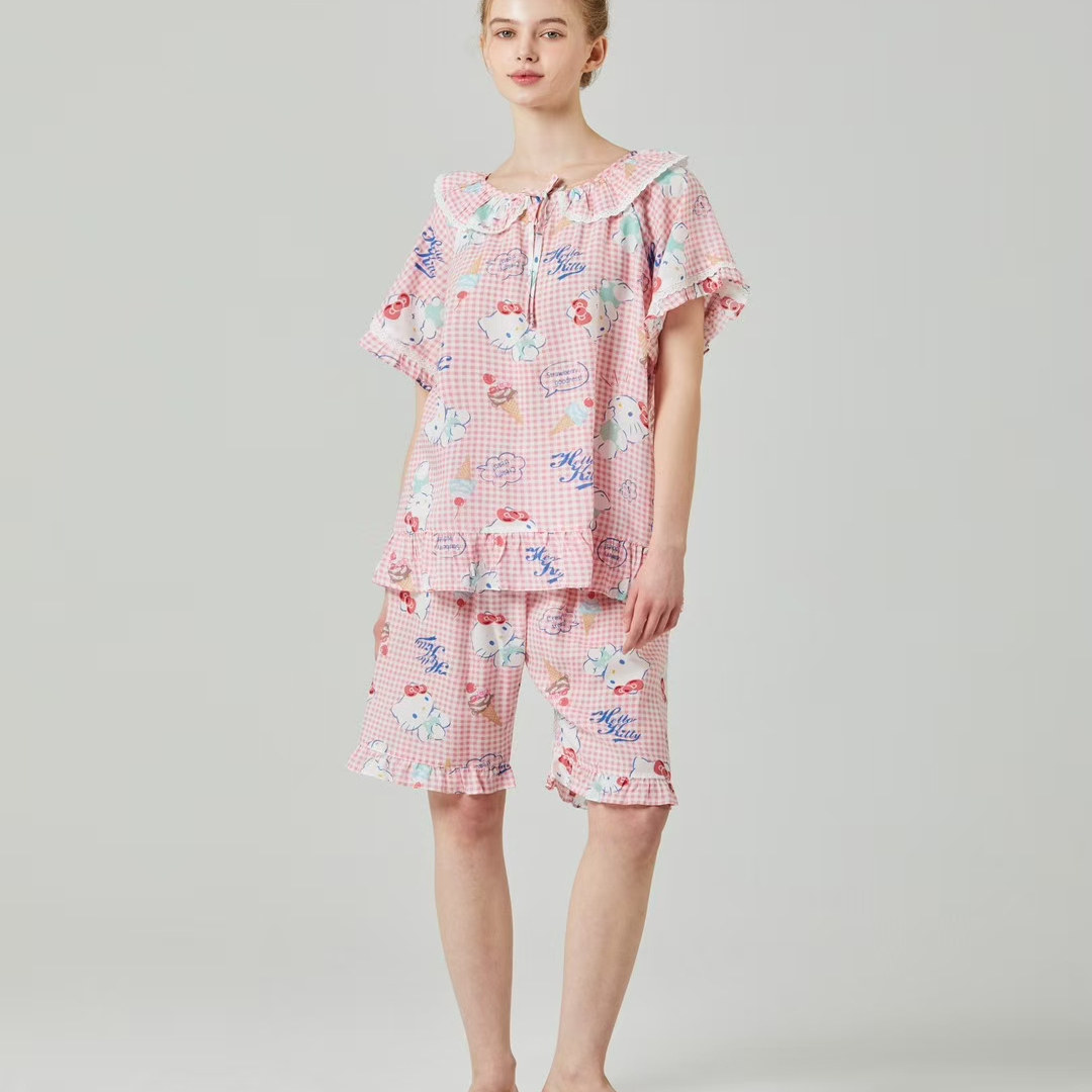 韩国进口正品25夏季hello kitty猫短袖天丝棉卡通睡衣/家居服套装