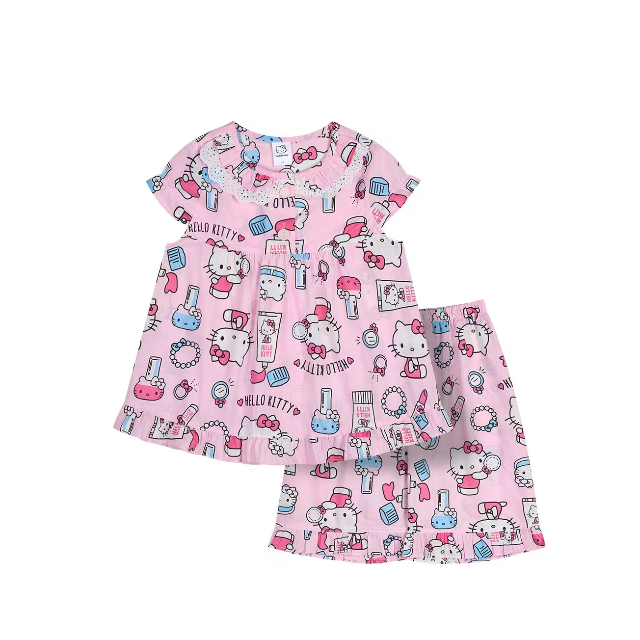 韩国正品童装hello kitty25夏季可爱纯棉女童短袖睡衣套装/家居服