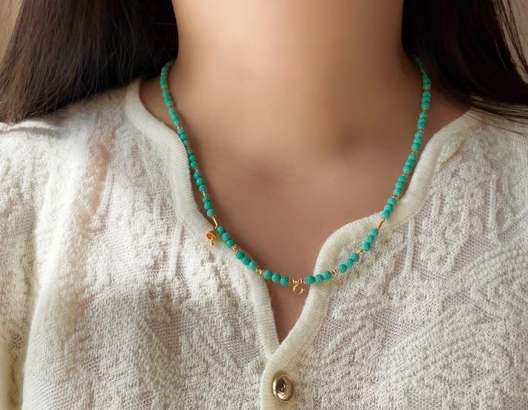湖北原矿无优化绿松石回纹珠项链毛衣链18K金女款高瓷附证书dy