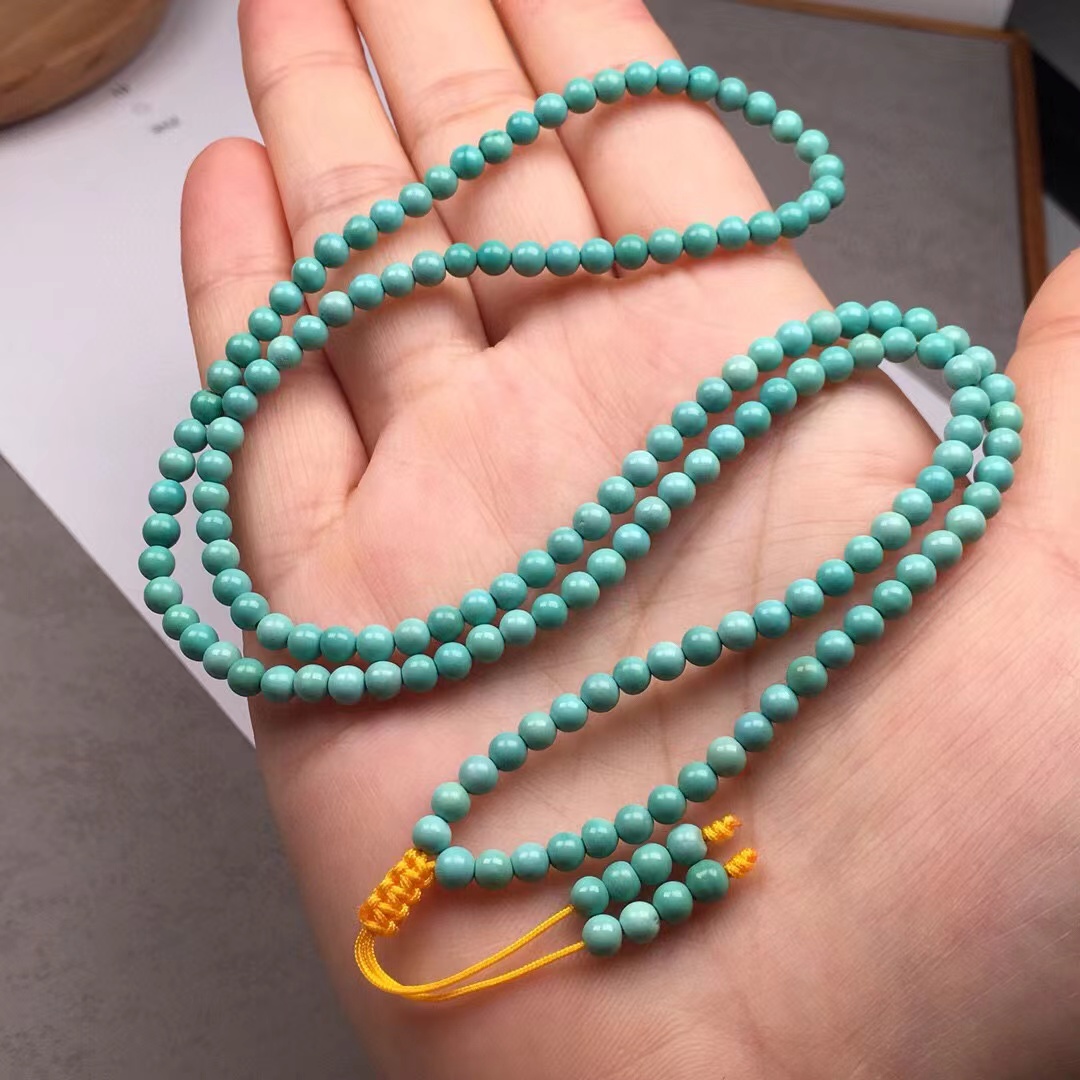 湖北原矿无优化绿松石圆珠项链3.8m毛衣链男女款高瓷附证书dy