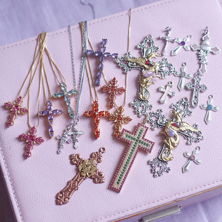 欧美法国意大利进口带回流粉色vintage秋冬十字架女毛衣链长项链