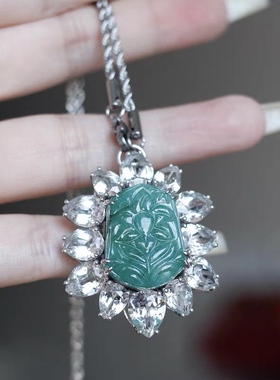 欧美艺术家原创设计925银镀金超大祖母宝石绿雕刻吊坠项链孤品女