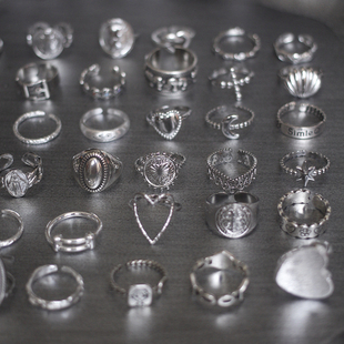 如意|欧美银色爱心形笑脸雏菊叠戴开口ins小众设计活口不掉色戒指