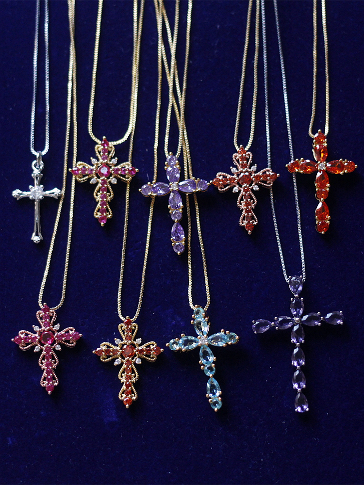 欧美进口回流全新超闪莱茵石水钻镀银金闪潮流十字架吊坠项链女