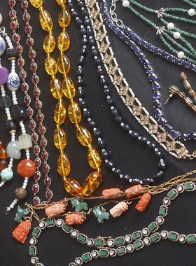 欧美艺术家925银中古A货翡翠松石老琉璃波罗地海琥珀项链vintage