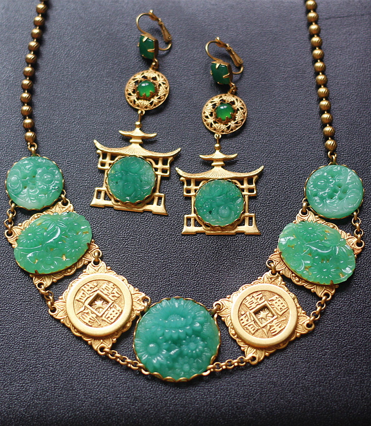 如意askew london正品东方系列雕花琉璃耳环项链套装中古艺术珠宝