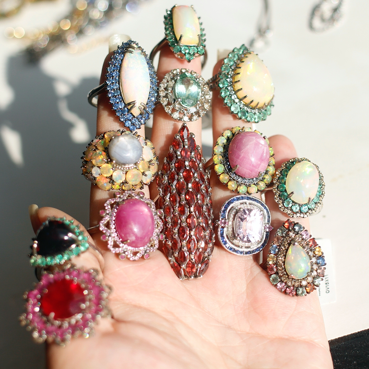 欧美意大利回流天然蓝宝石祖母绿欧泊中古925银镀金女戒指vintage