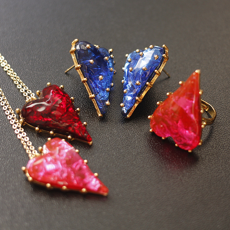 芭比粉蓝爱心果冻琉璃项链戒指