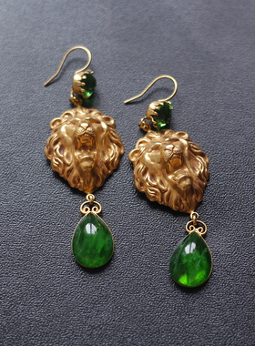 Askew London正品狮子祖母绿云纹老琉璃耳环中古艺术珠宝vintage
