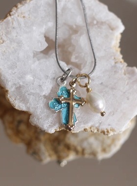 欧美国意大利进口珍珠钛钢小众男女中性风十字架不易掉色项链