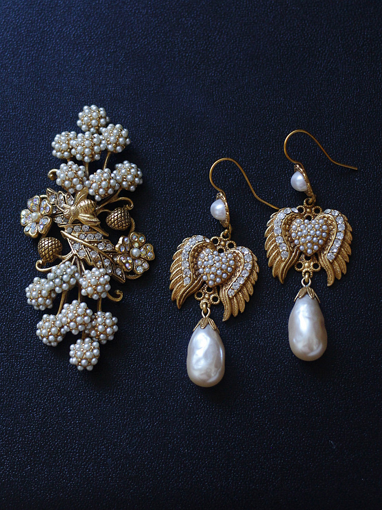 askew london正品仿珍珠胸针耳环天使中古董艺术珠宝镀24k金耳钩