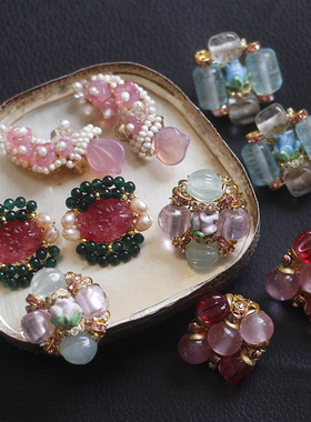 如意Beading5原创设计西德中古蛋糕老琉璃项链玫瑰樱花卉耳环耳夹