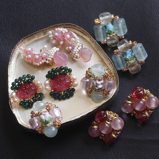 如意Beading5原创设计西德中古蛋糕老琉璃项链玫瑰樱花卉耳环耳夹
