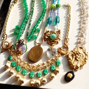 欧美复古董精致多层祖母绿色手工穆拉诺murano老琉璃vintage项链