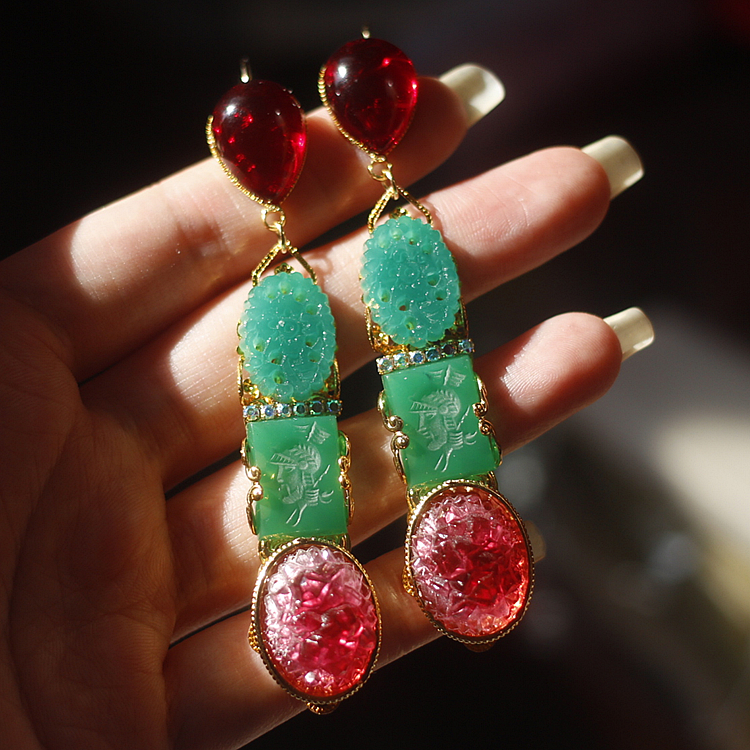 中古仿翡翠冰山粉色老琉璃耳饰