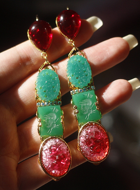 如意186欧美中古askew london风仿翡翠粉色老琉璃Vintage耳环耳夹