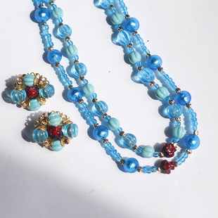 如意Beading09原创设计欧美玫瑰琉璃中古耳夹耳环项链套装vintage