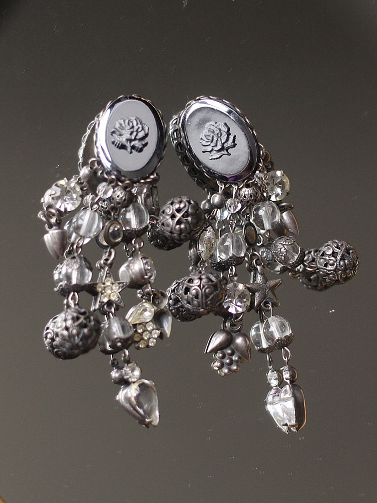 askew london英国正品玫瑰花卉流苏高级灰耳夹中古董vintage耳环