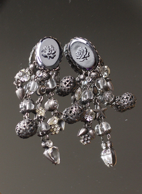 Askew London英国正品玫瑰花卉流苏高级灰耳夹中古董vintage耳环