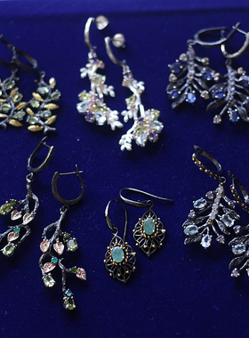 Asuw海外设计师原创天然紫水晶欧泊沙弗莱艺术珠宝925银镀金耳环