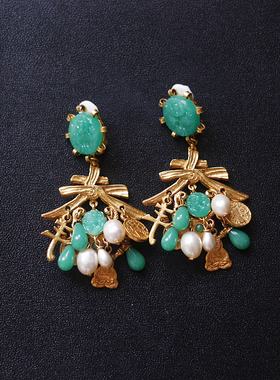 Askew London正品仿玉翡翠耳夹耳环中式中古董艺术珠宝铜镀24k金