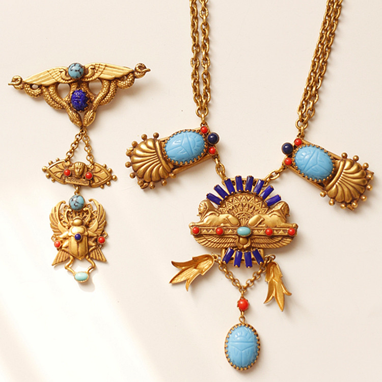 askew london正品埃及 项链胸针耳夹一套 中古董艺术珠宝镀24k金