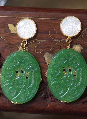 AW园林-欧洲中古董老琉璃Vintage复古Askew London风格女仿玉耳环