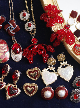 欧美回流新年红中古董复古孤品爱心形珐琅Trifari耳环耳夹vintage