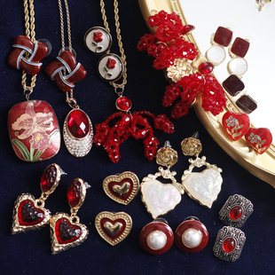 欧美回流新年红中古董复古孤品爱心形珐琅Trifari耳环耳夹vintage