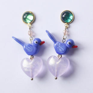 如意Asyouwish西德彩纹玻璃泡法式琉璃昭和少女耳环耳夹爱情小鸟