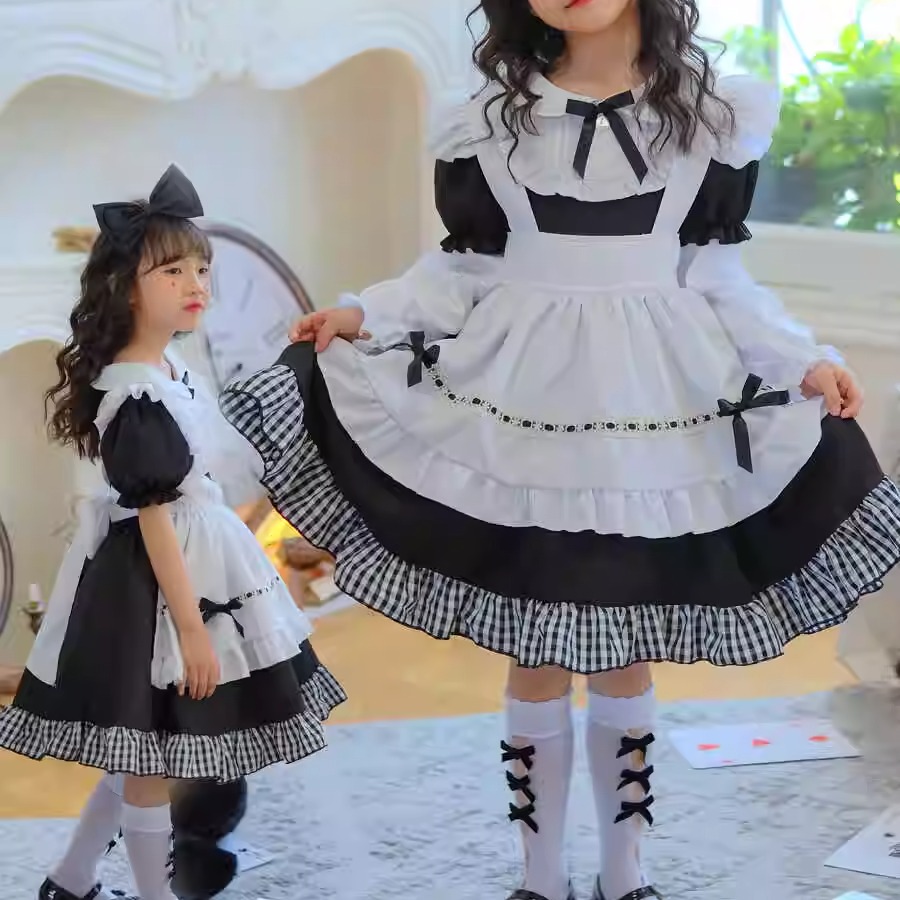 黑白格子长袖女仆装爱丽丝萝莉Lolita公主裙童装女童洛丽塔演出服