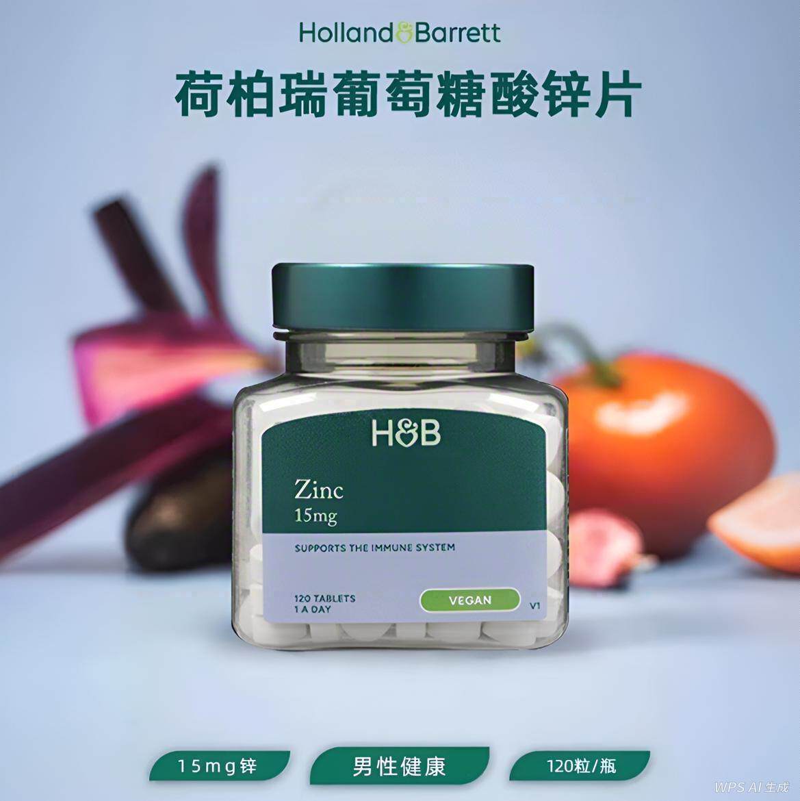 英国HB荷柏瑞锌片15mg120粒葡萄糖酸锌元素男士活力营养