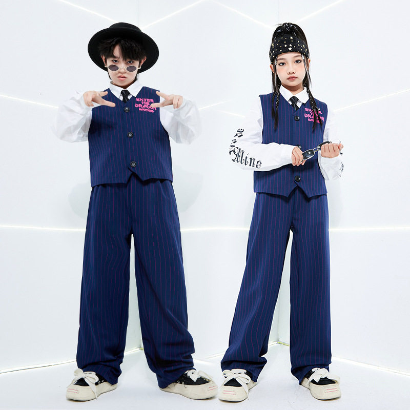 男童街舞Popping演出服蓝色西装马甲潮服locking女儿童爵士舞套装