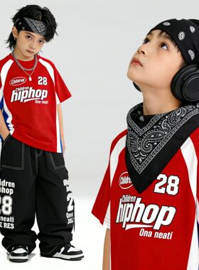 街舞儿童潮服少儿炸街红色短袖长裤套装男童打鼓嘻哈hiphop演出服