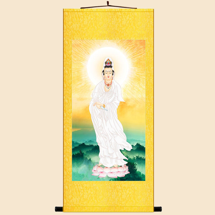 白衣观音图 观世音菩萨佛像画 复古书房佛堂装饰画绢布卷轴挂画