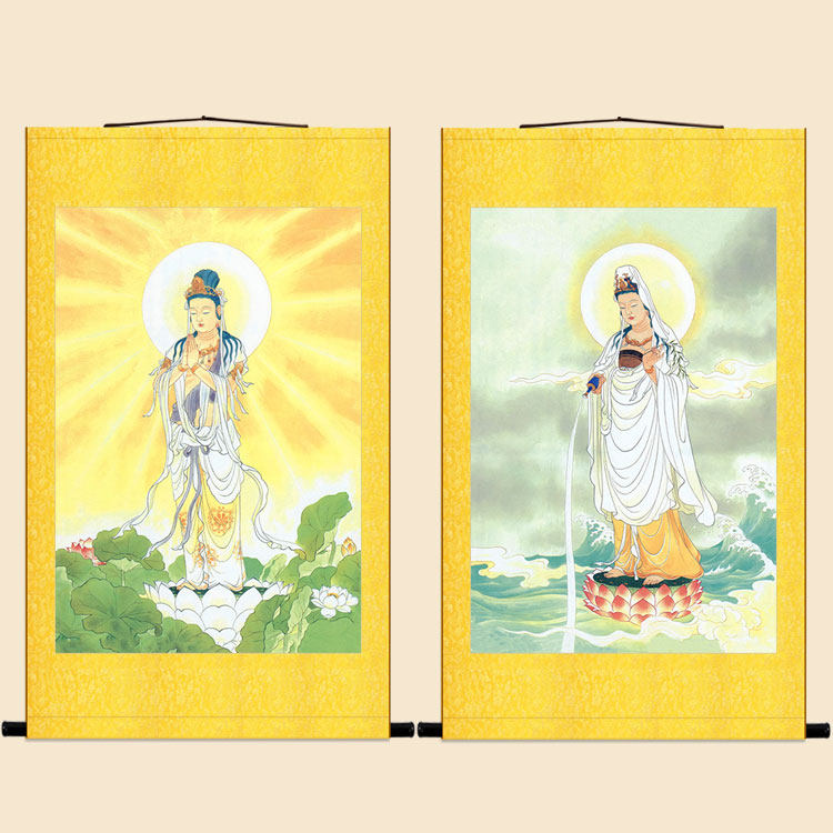 合掌普甘露观音菩萨画像 复古佛像画 佛堂装饰画卷轴挂画绢布材质