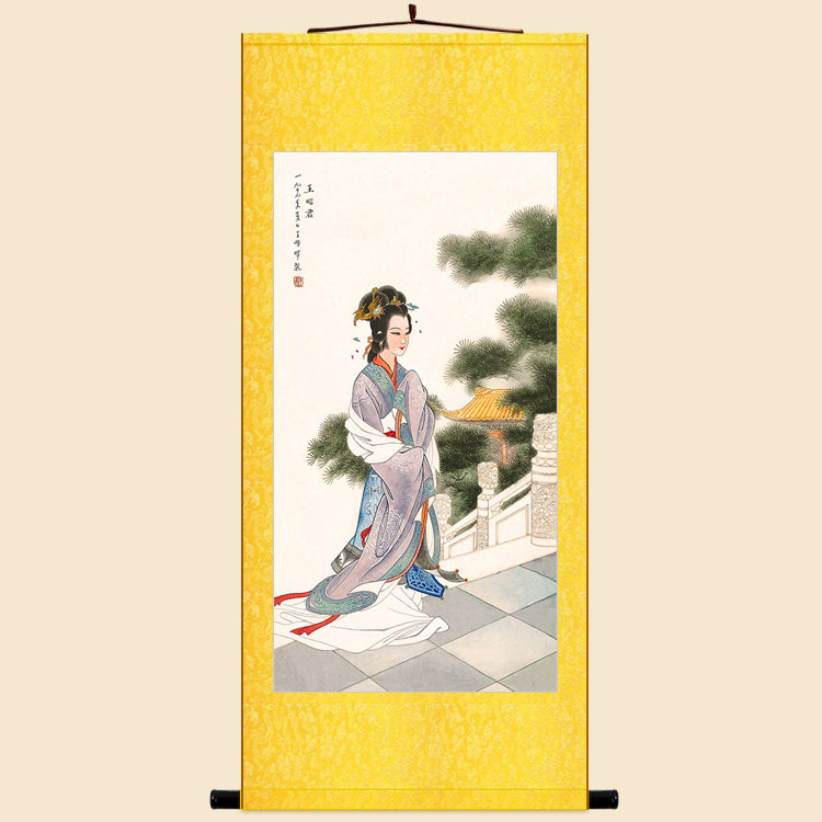 王昭君人物画像图 古代美女仕女复古装饰画 绢布卷轴挂画丝绸画