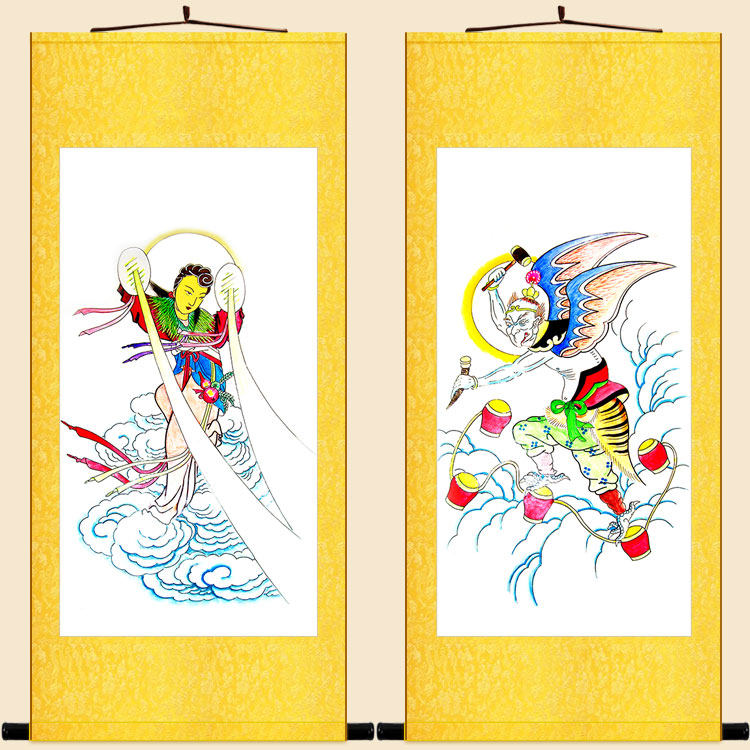 雷公电母风伯雨神画像 神仙人物水陆画卷轴挂画 绢布画来图可定制