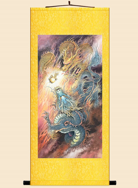 双龙戏珠图 吉祥喜庆装饰画 中式复古绢布卷轴挂画 来图定制