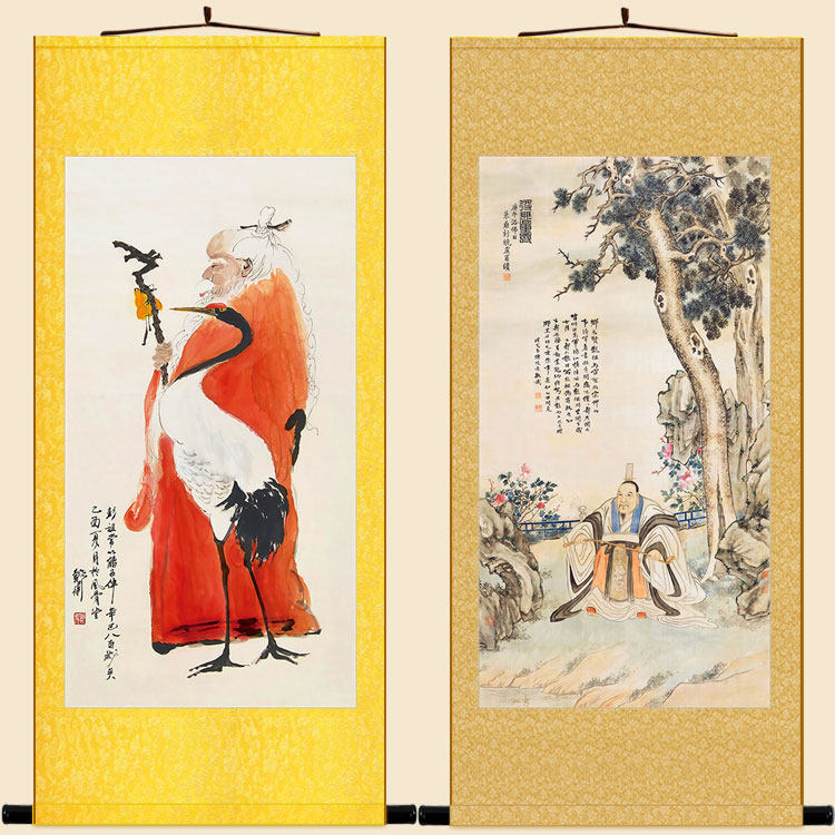 彭祖画像 长寿老人神话人物画 中式复古绢布卷轴挂画装饰画定制