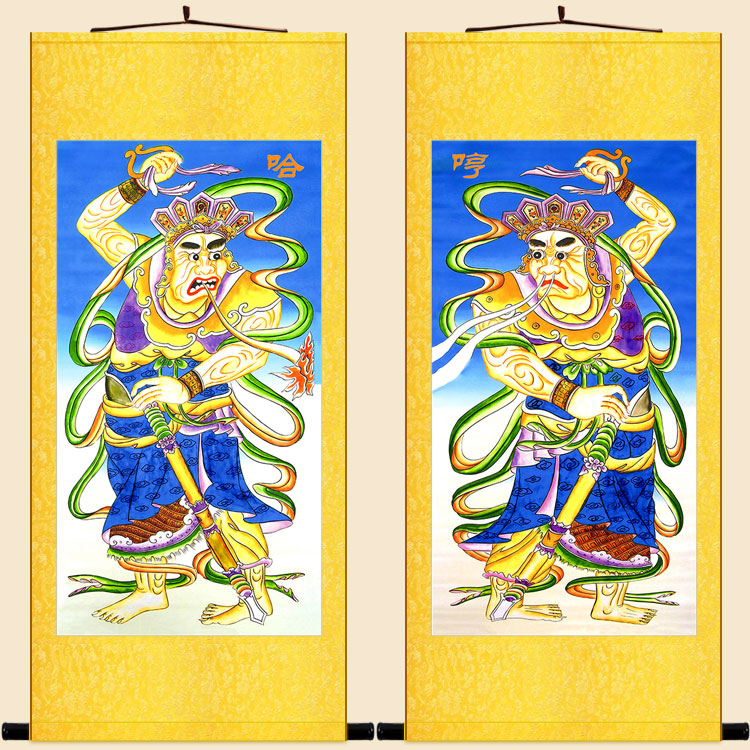 哼哈二将神像画卷轴挂画