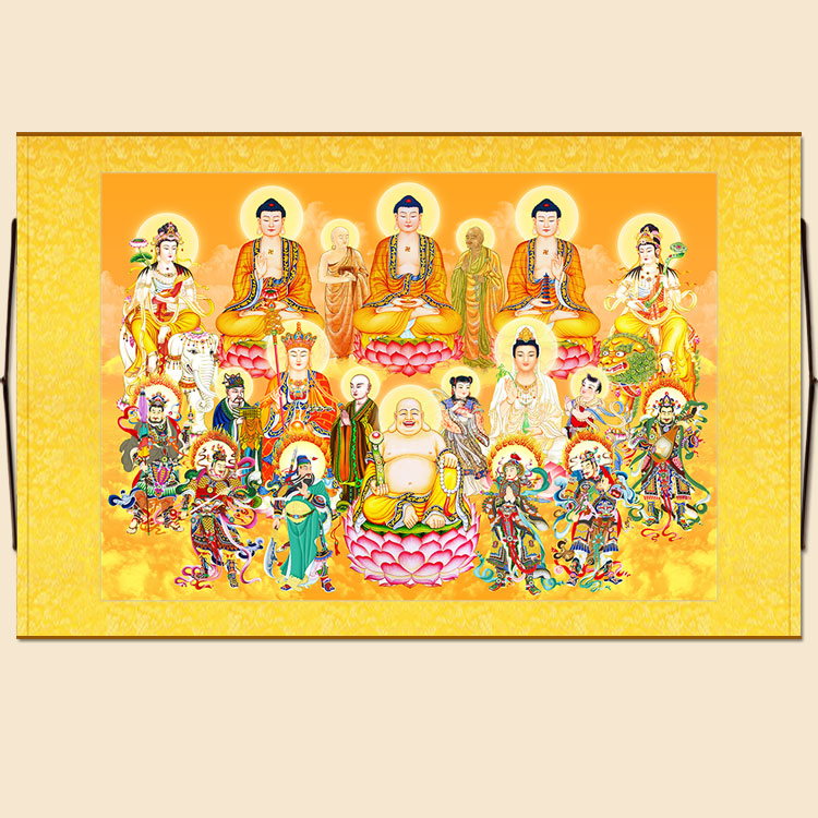 全堂佛横幅画 释迦牟尼佛地藏王观音文殊普贤菩萨众佛图卷轴挂画