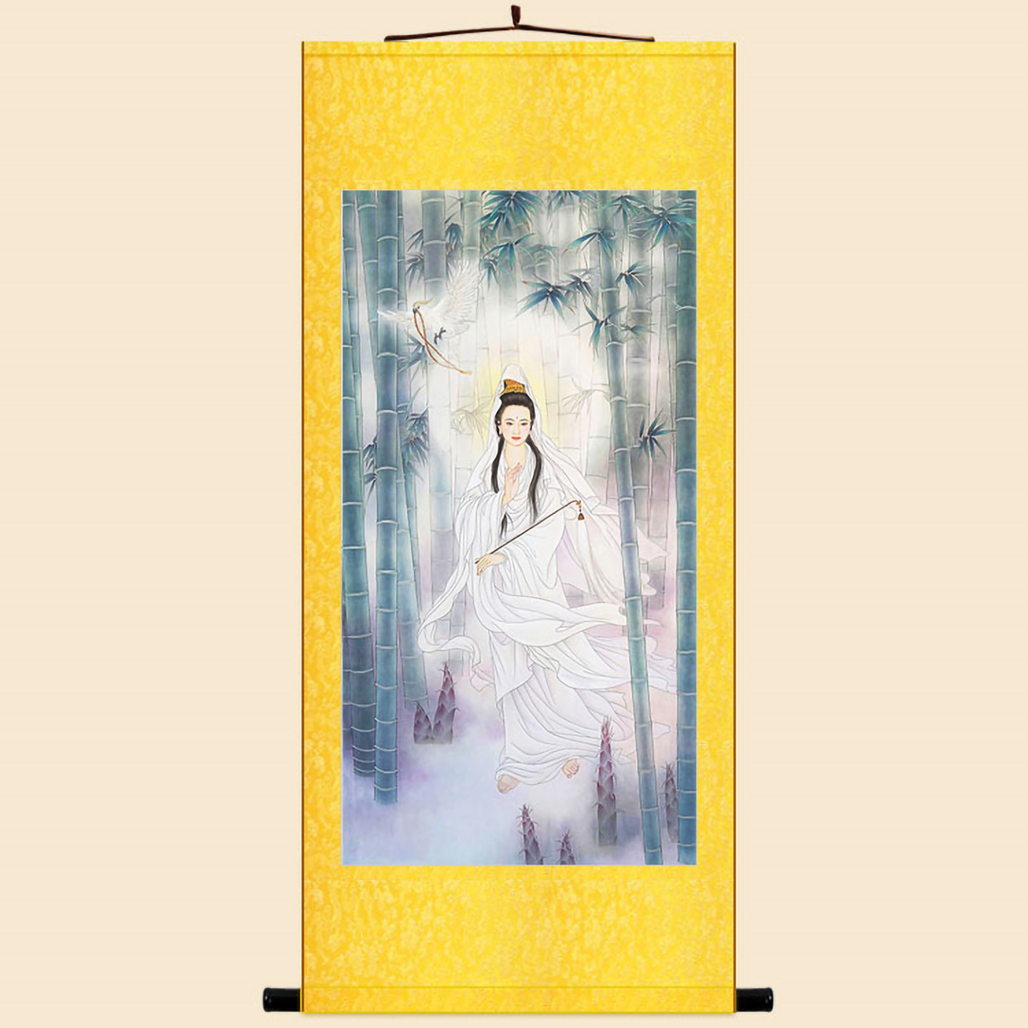 竹林观音菩萨佛像画 绢布卷轴挂画 中式复古绢布佛堂客厅装饰画