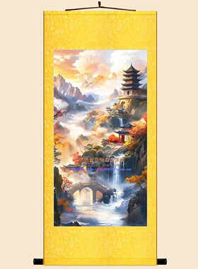 楼台小桥瀑布山水图 书房玄关卷轴挂画 中式复古绢布装饰字画定制