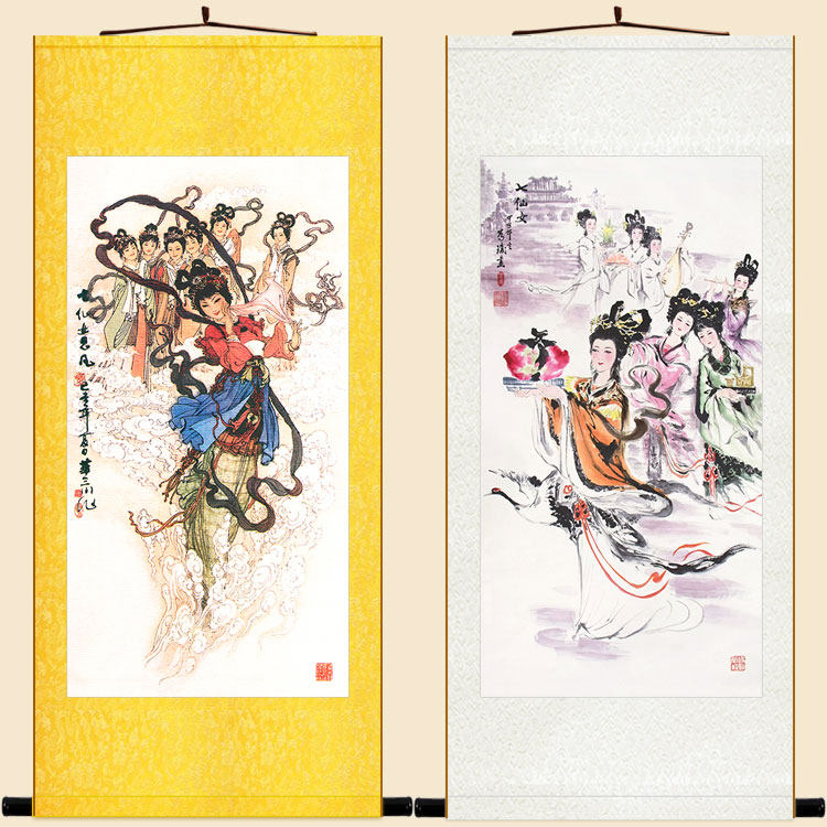 七仙女思凡图画 画像挂画 画 女神仙神像画 画丝绸画 画卷轴画 画