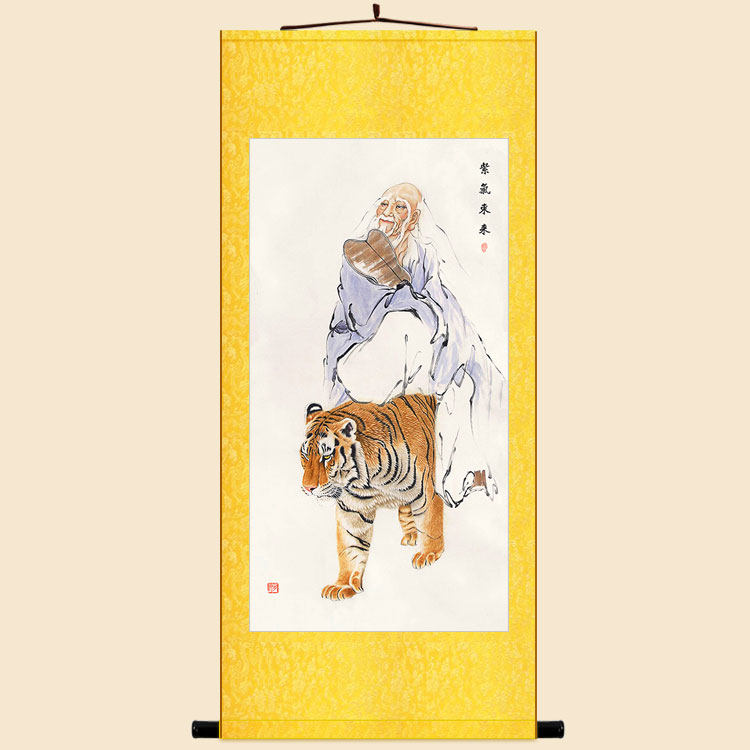 紫气东来老子骑虎出关图画像卷轴挂画  绢布材质书房客厅装饰画