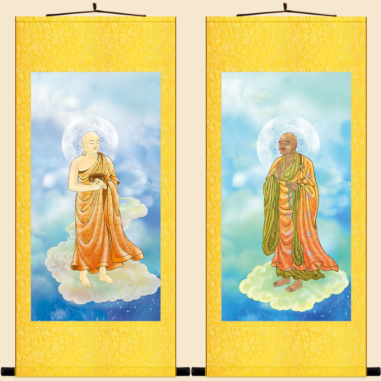 迦叶阿难尊者菩萨佛像画 如来佛祖胁持画像 丝绸画卷轴画挂画定制