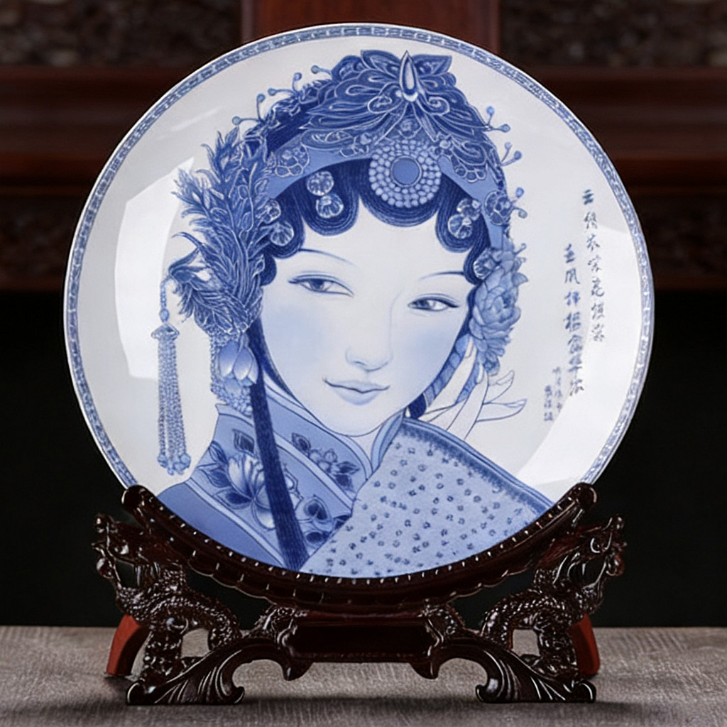 青花京剧脸谱盘子摆件景德镇陶瓷中国风古典美女家居装饰中式礼品